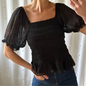 Express: Sheer Puff Polka Dot Sleeve Top, Black, Size M